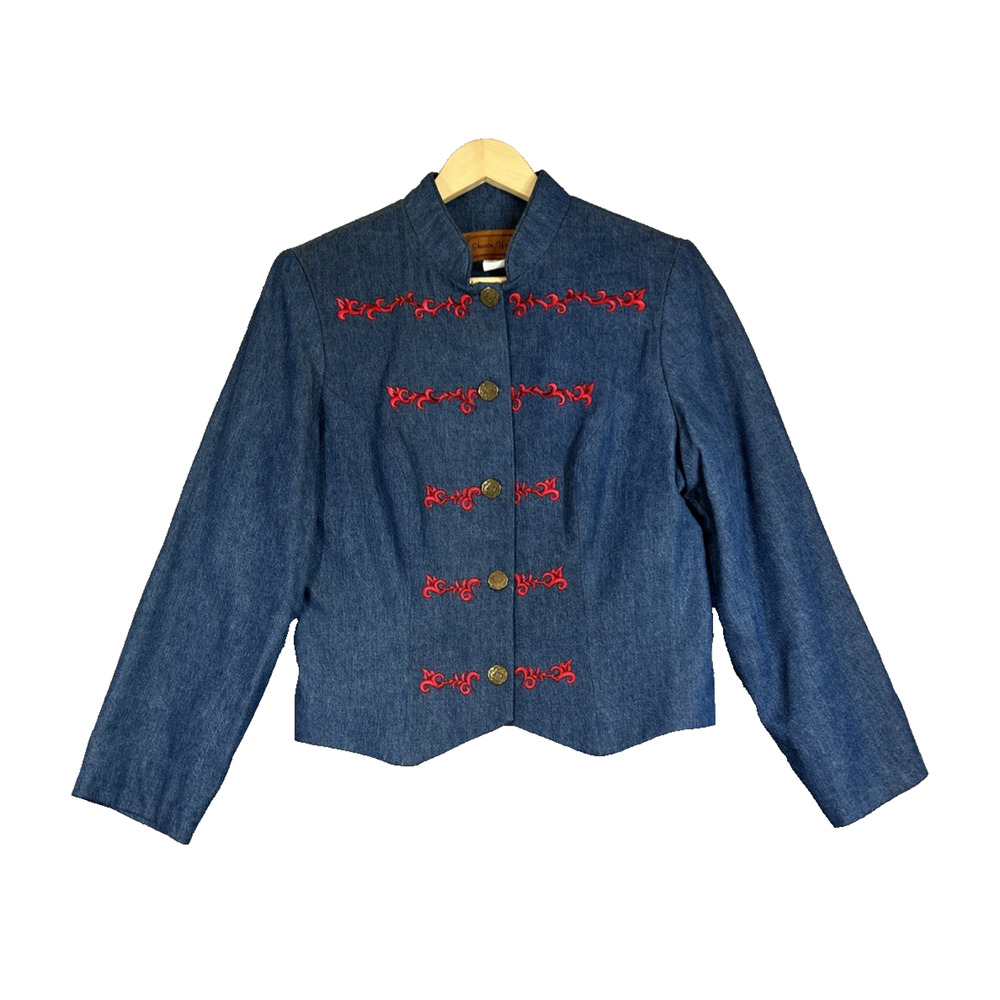 Sharon Young Denim Jacket Medium Blue Red Military Crop Ranch Western Y2K Vtg US
